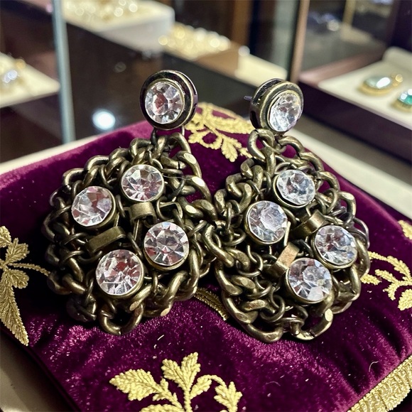 Vintage Jewelry - Vintage Brass and Austrian Crystal Large Earrings